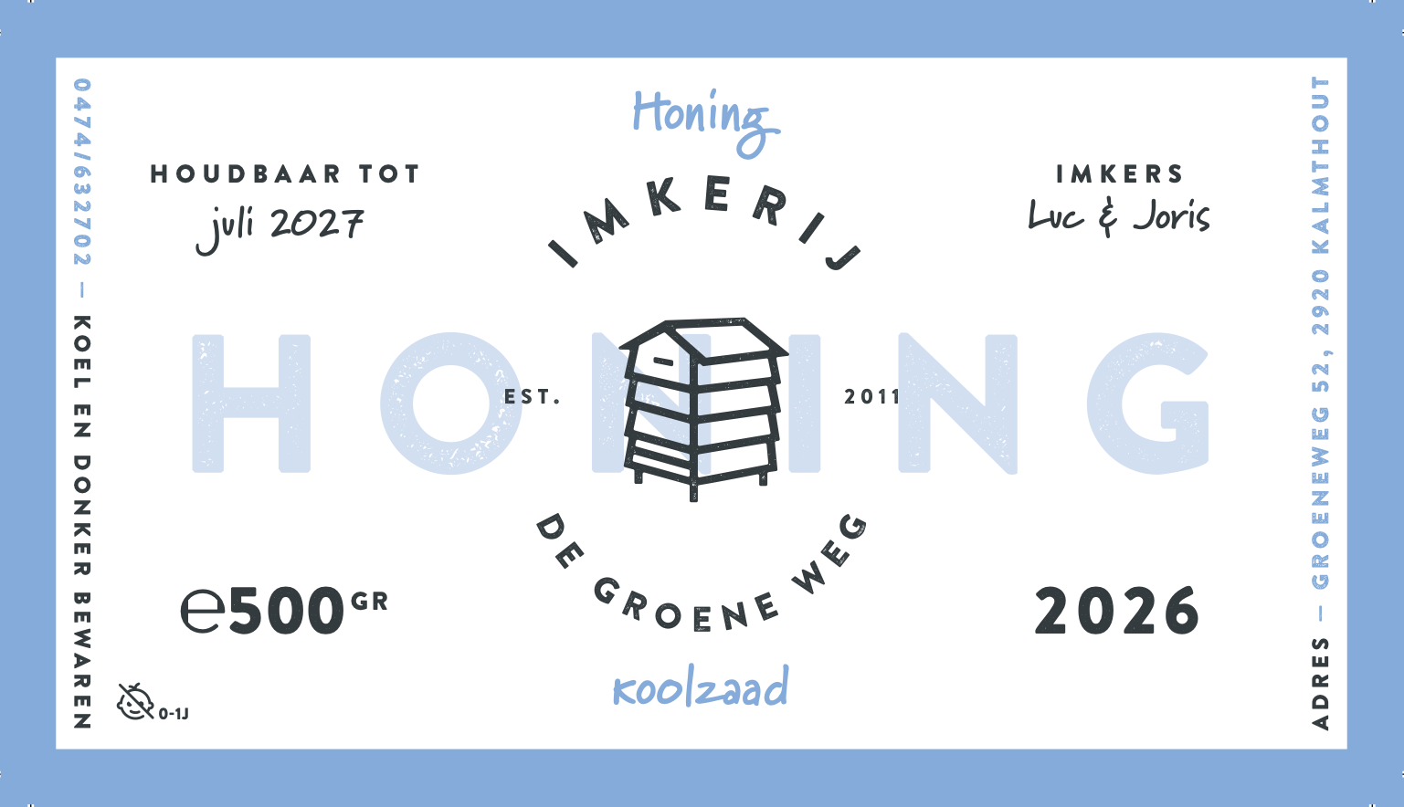 Etiket van de Koolzaadhoning van Imkerij De Groene Weg